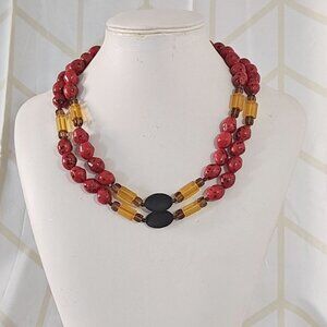 Wendy Gell Handcrafted Red, Amber, Black Beaded Double Strand Necklace